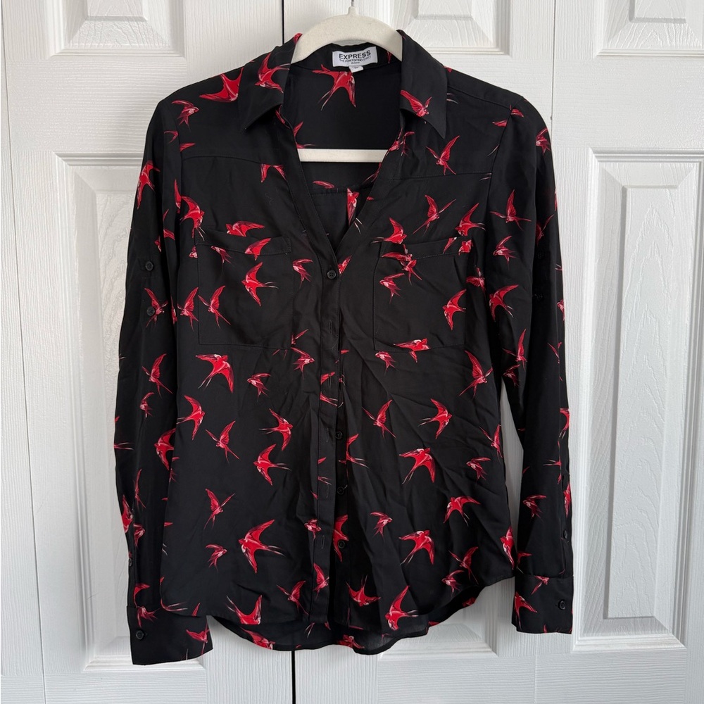 Express Black Button-Down Shirt with Red Bird Motif